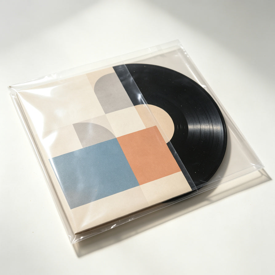 Clear vinyl outer sleeve reducing visible dust on record jackets