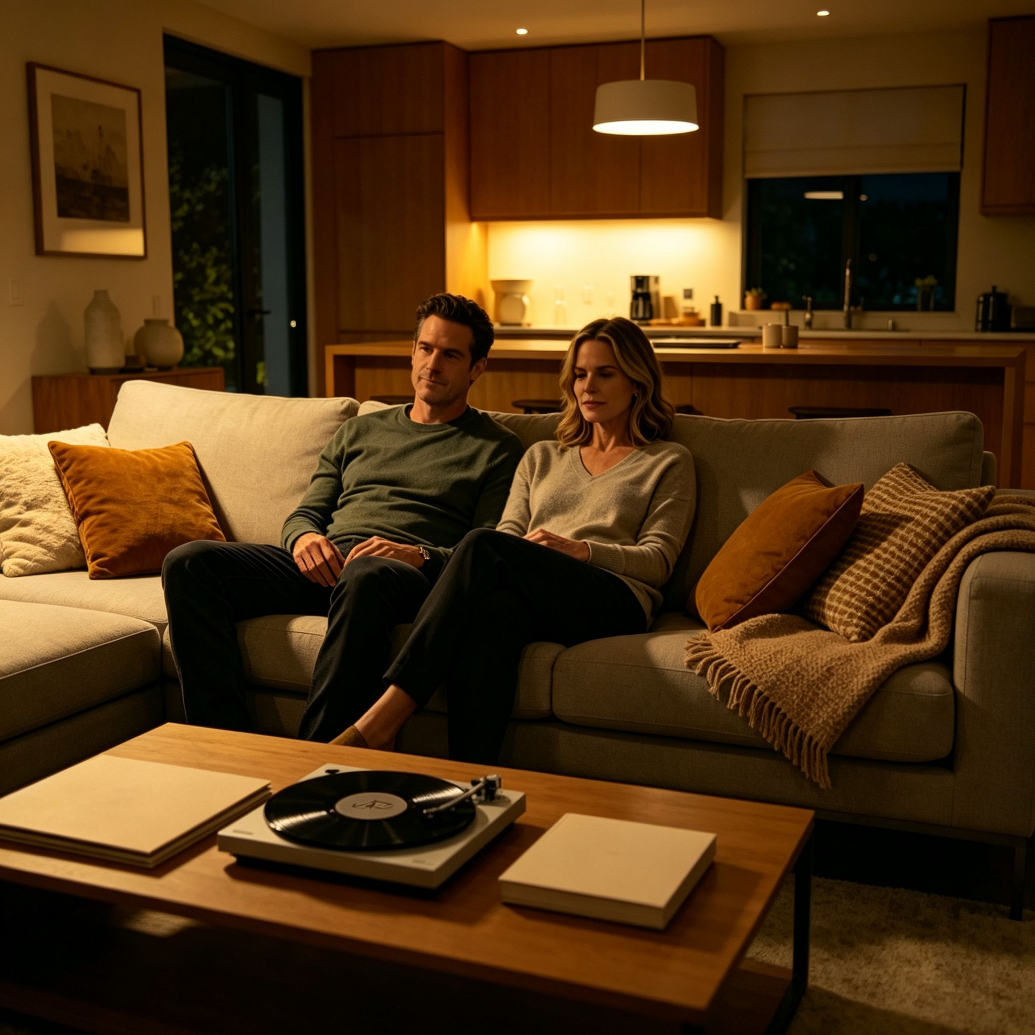 Relaxing evening vinyl listening experience in modern home interior