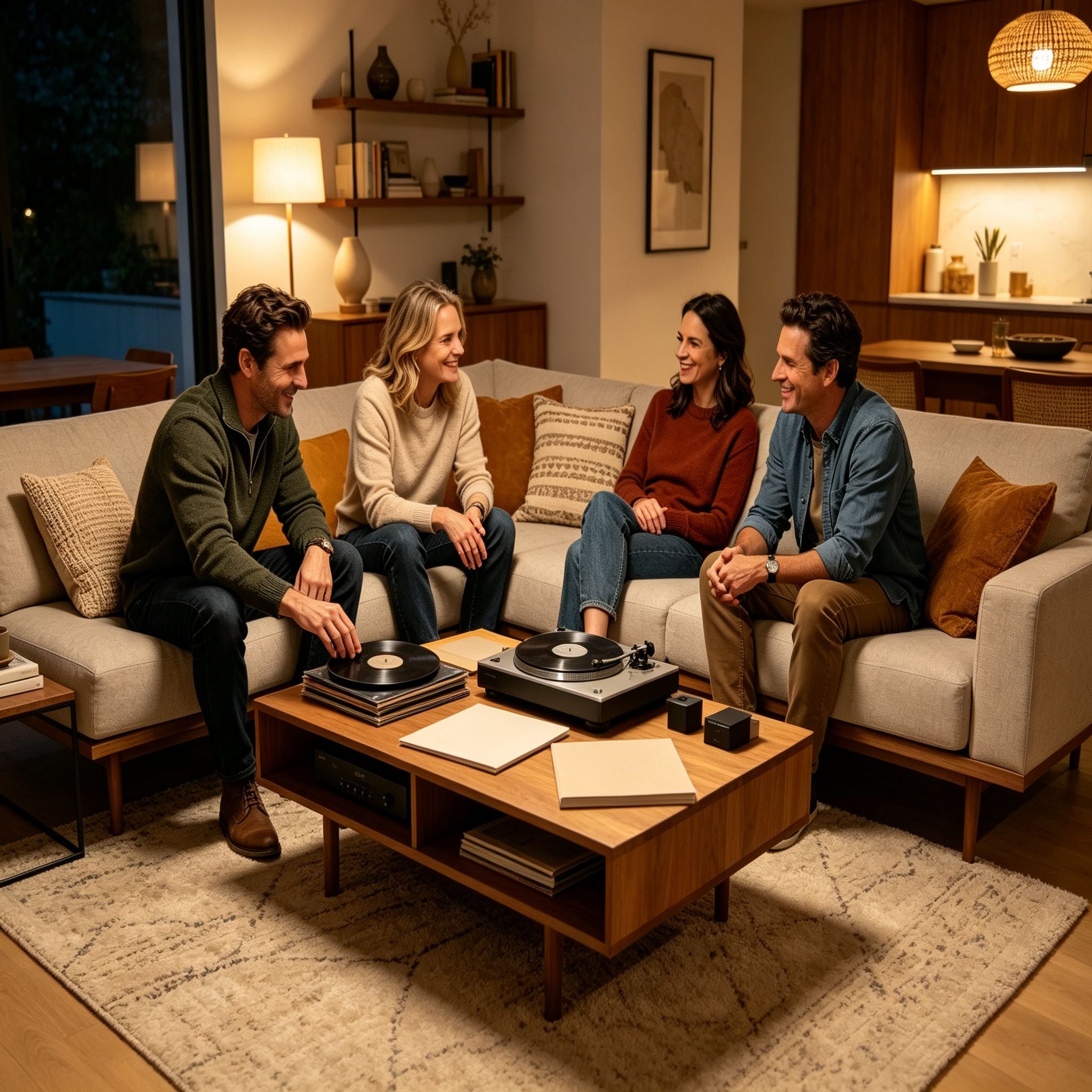 Friends sharing music experience with vinyl in a modern home