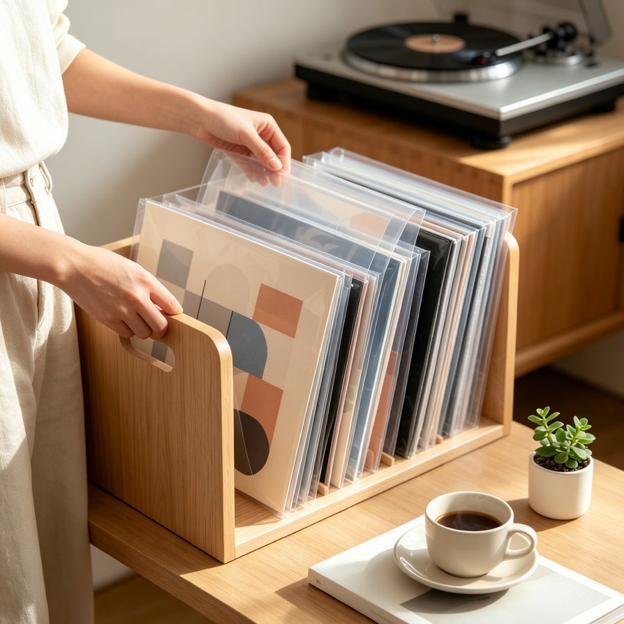 Home listener using clear outer sleeves to organize a vinyl record collection