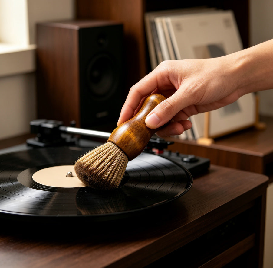 Using an anti-static brush before playing a vinyl record