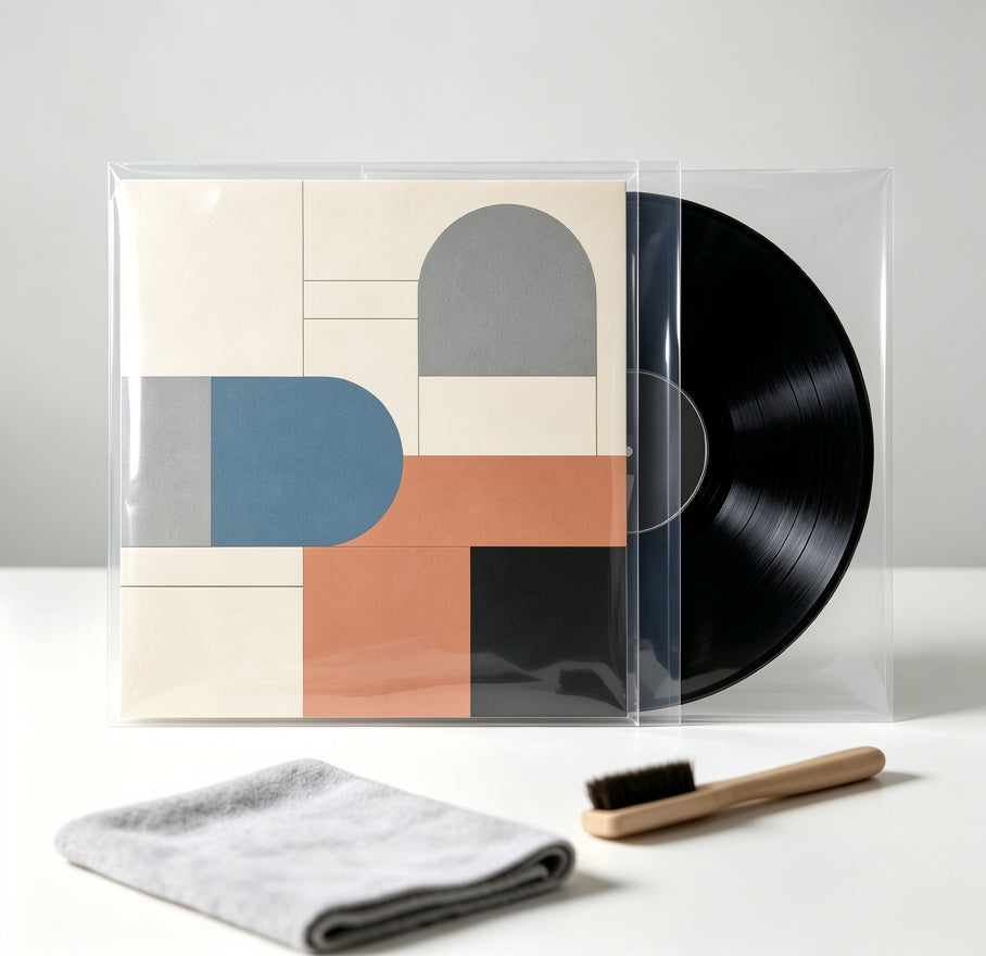 Clear outer sleeve protecting a vinyl record jacket from dust and scratches