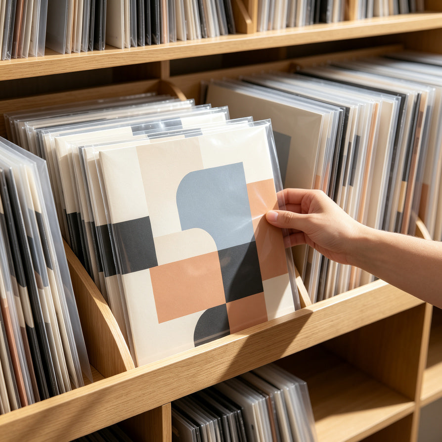 Organized vinyl record collection using clear outer sleeves