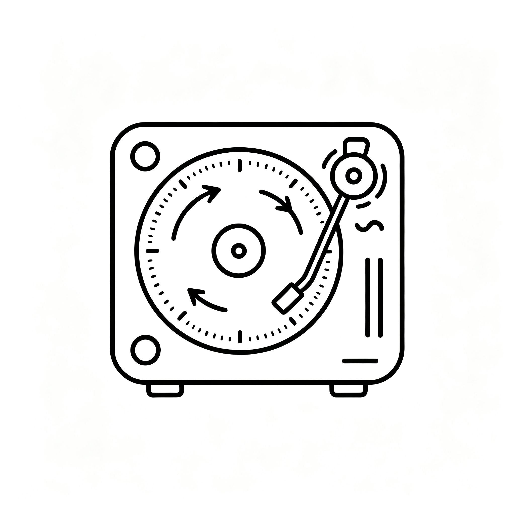 A simple troubleshooting icon showing a vinyl record player with speed adjustment indicators for checking 33 and 45 RPM playback settings.