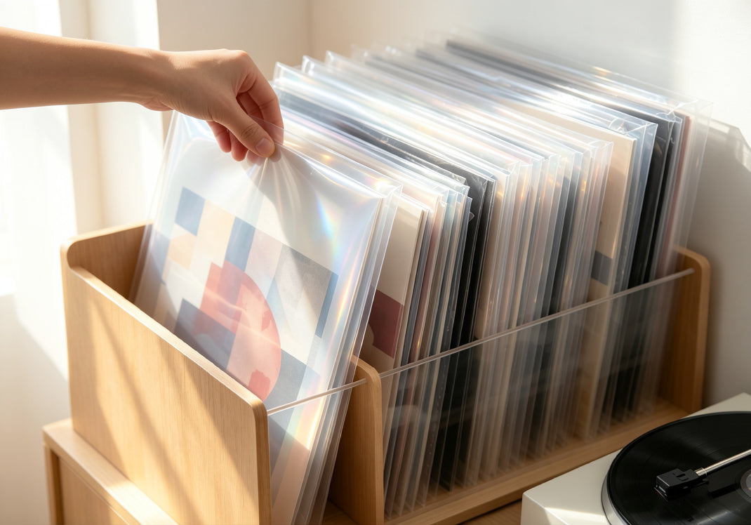Vinyl collection stored with clear outer sleeves