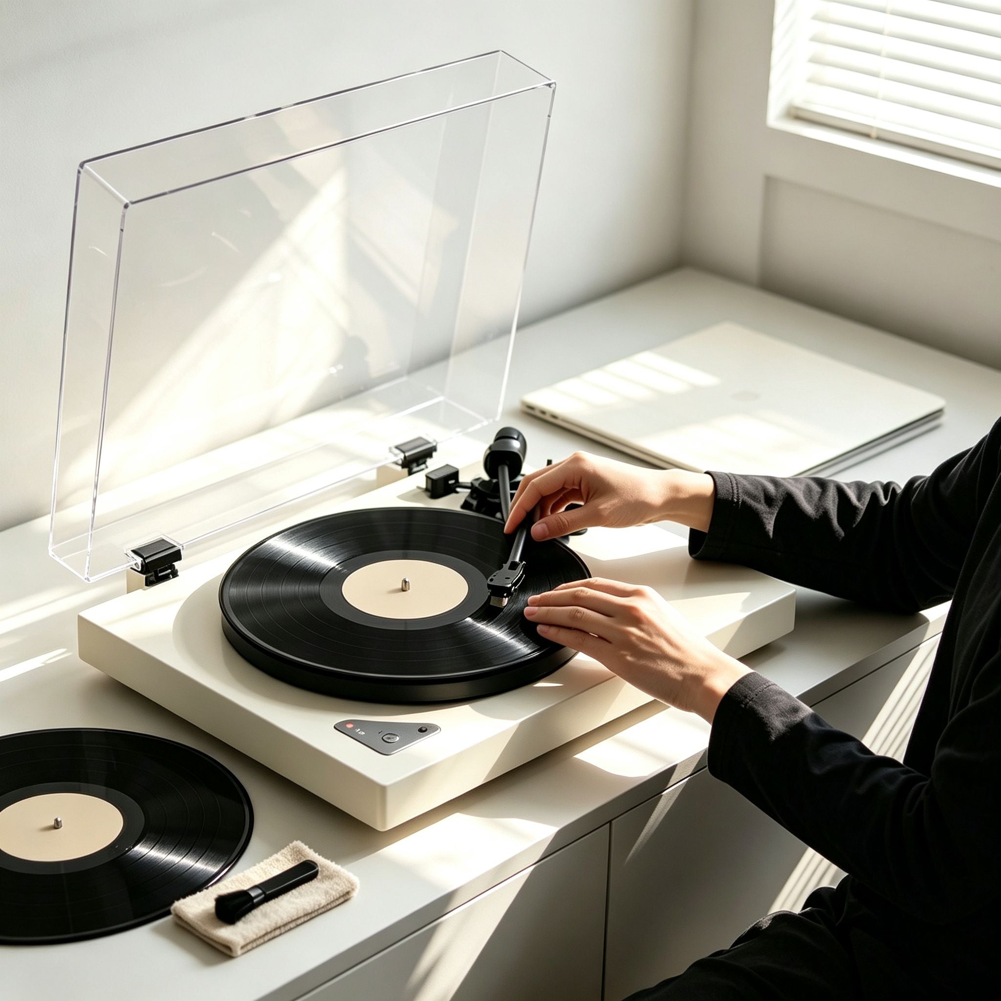 Vinyl record care with AUDURA turntable and cleaning accessories