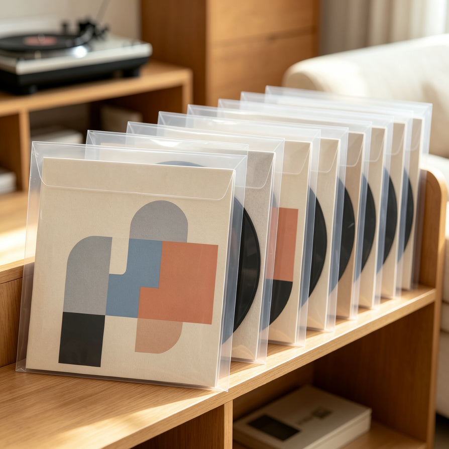 Vinyl records displayed on shelves with clear protective outer sleeves