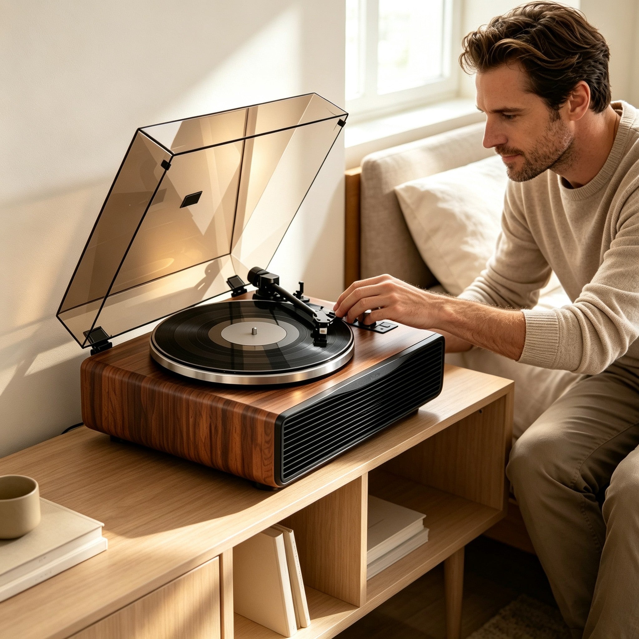Vinyl record player with built in speakers for beginners