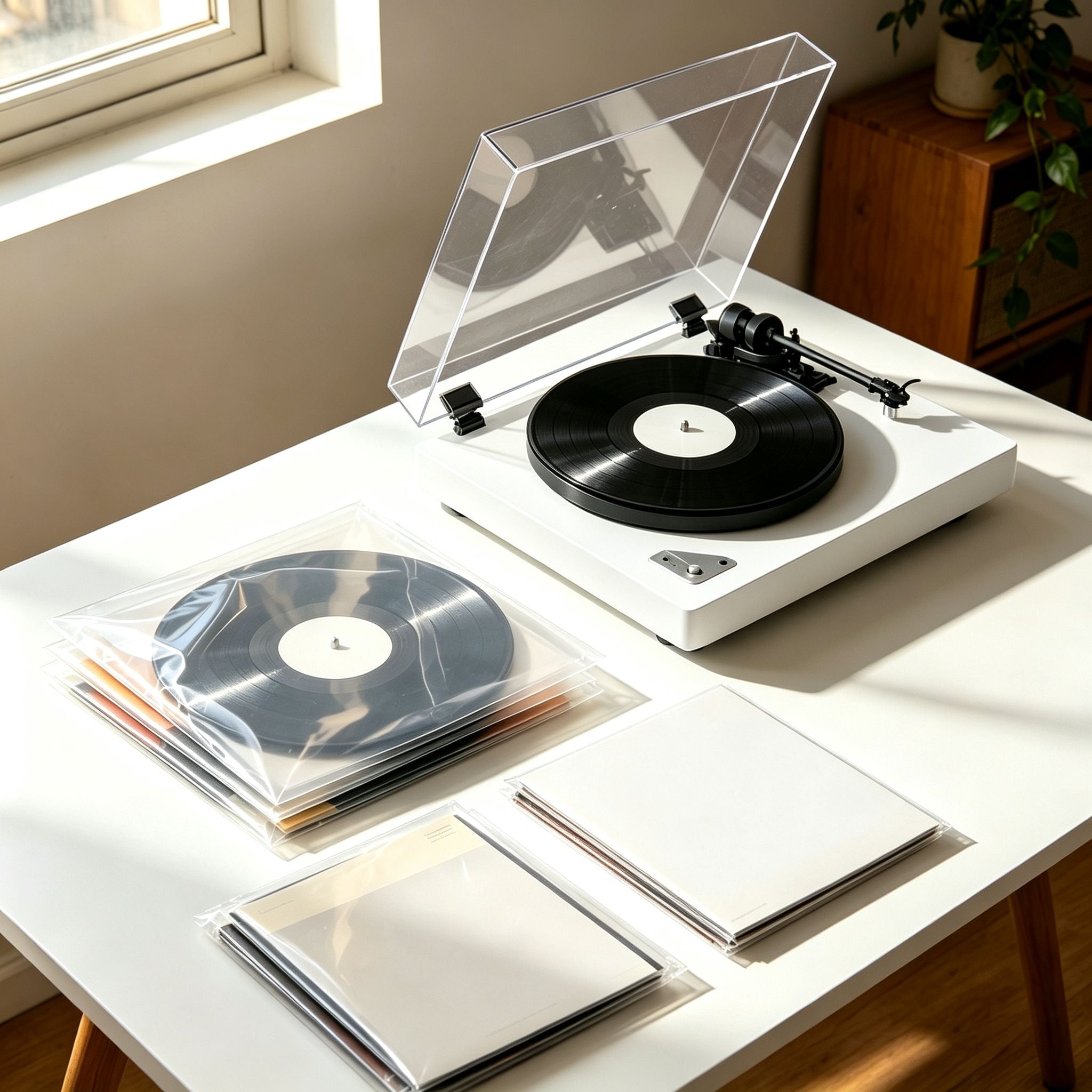 AUDURA vinyl record setup showing record sleeves protecting a vinyl collection at home