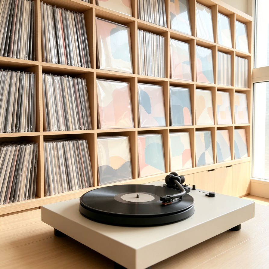 Vinyl record collection protected with clear outer sleeves